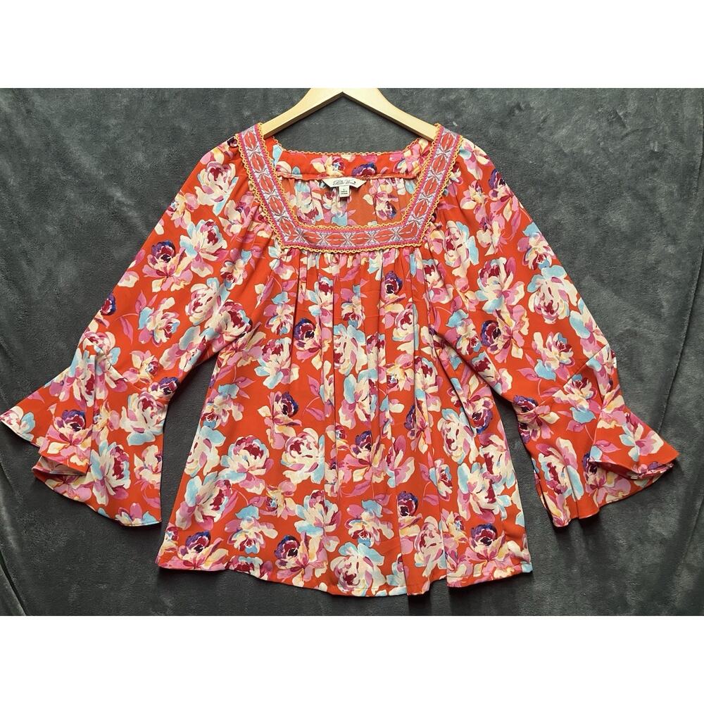 PIONEER Red Floral Peasant Blouse with Pink & Blue Accents